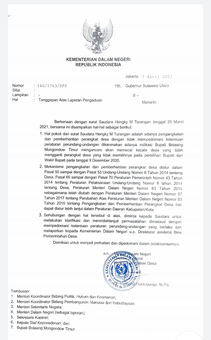 Surat Tanggapan Laporan Dirjen Bina Pemerintahan Desa Kemendagri